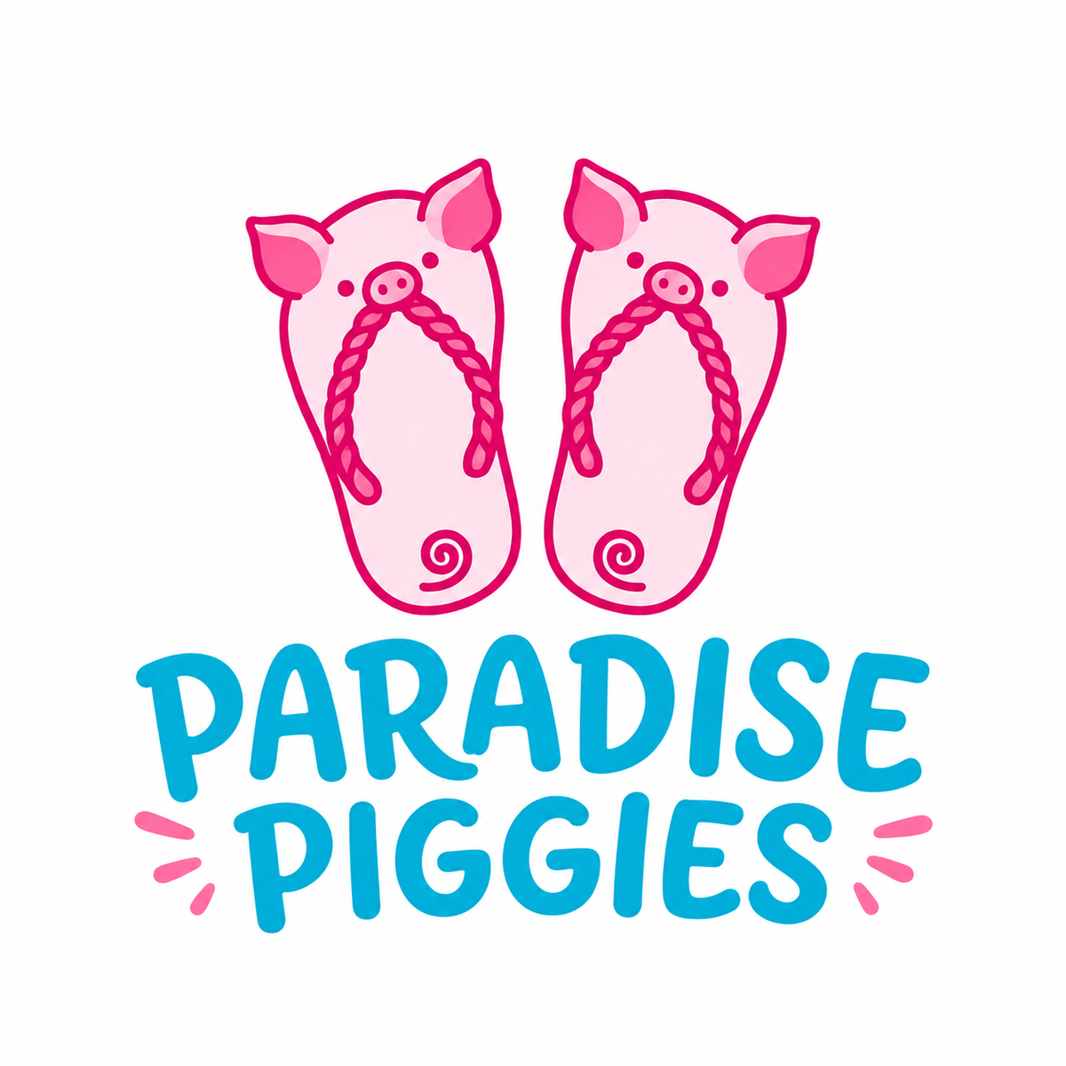 A graphic design featuring a pair of pink pig flip-flops above the text 'PARADISE PIGGIES' in blue, on a plain white background.