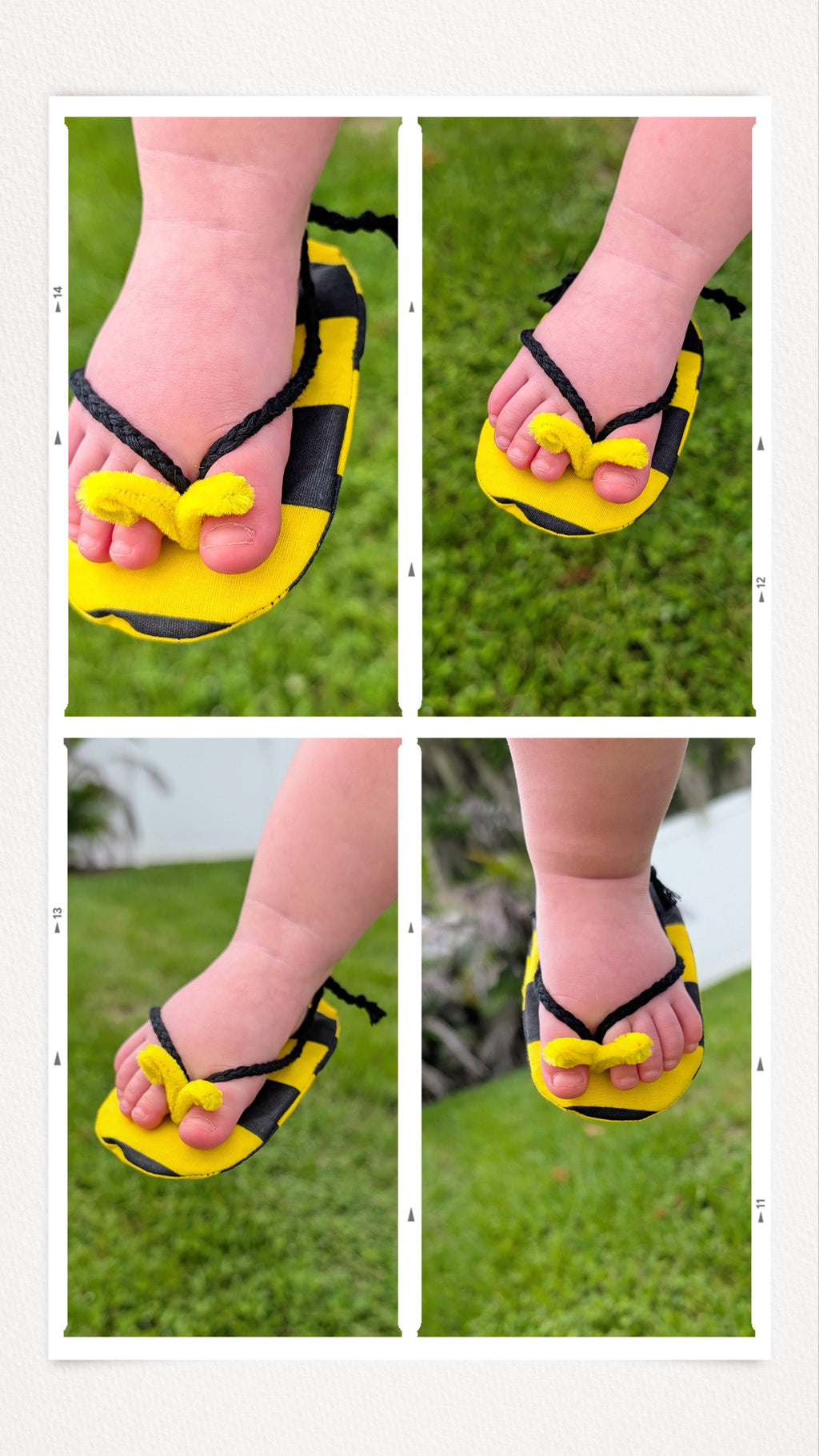 A four-panel collage showing a baby's bare feet wearing yellow and black flip-flop sandals with a small yellow bow on the strap, set against a green grassy outdoor background.