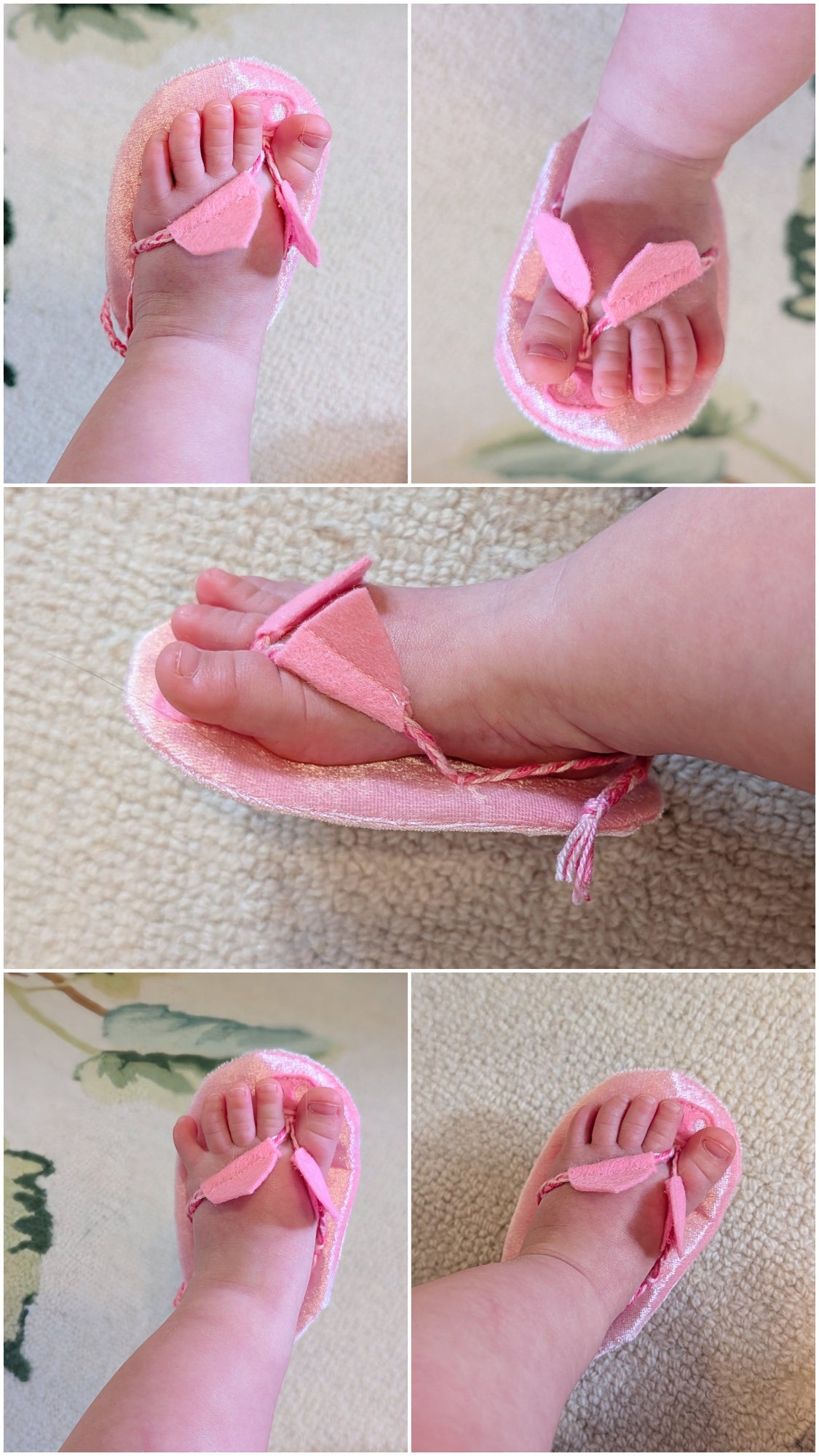 A five-panel collage showing a baby's foot wearing a handmade pink fabric piggy sandal with a soft sole, photographed from multiple angles on a textured beige carpet.